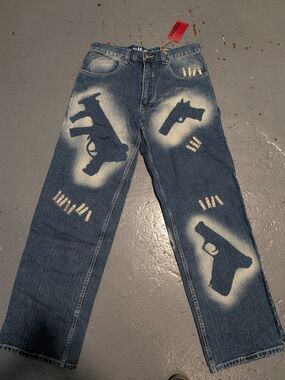 Muka Men's Blue Graphic Denim Jeans 34 with Stenciled Gun Motif Brand New
